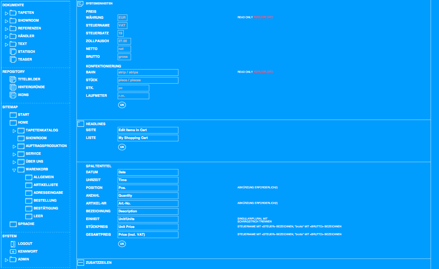 Screenshot Wolken.07/Redaktionssystem extratapete (Warenkorb/Artikelliste)