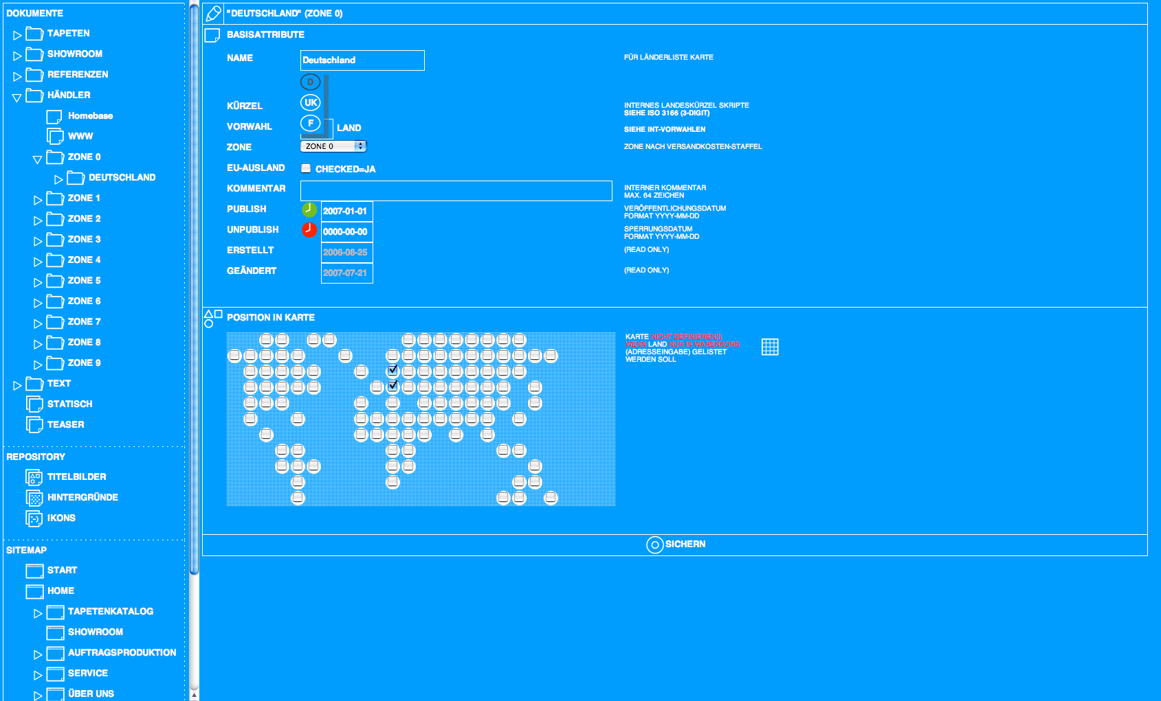 Screenshot Wolken.07/Redaktionssystem extratapete (Ländergruppierung, Händler und Versandzonen, Weltkarte)